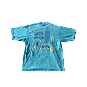 VTG ‘91 Ocean Pacific Surfing USA Made Single Stitched Puff Print L Aqua Blue T